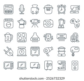 modern household icon pack. perfect for linear ui designs featuring vector loud speaker, coffee maker, fridge, tv monitor, laptop and more icons.