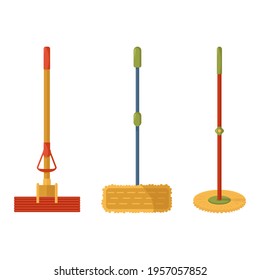 Modern household mops with nozzles of different shapes, isolated on white background. Household tools for cleaning house and office. Cleaning, hygiene. Vector illustration in flat cartoon style 