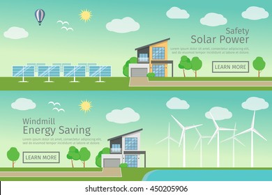 Modern Houses with alternative Eco Green Energy, flat web banners set concept. Wind Turbines and Solar Panels set. Vector illustration