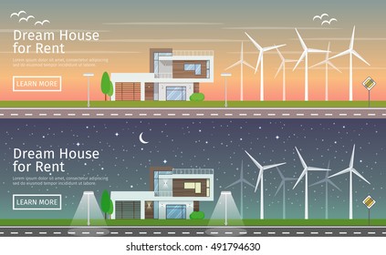 Modern Houses with alternative Eco Green Energy, sunset and night, flat web banners set. Wind Turbines. Vector illustration