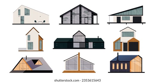 Modern houses. Cartoon cottage and villa, modern residential buildings with garage and porch, flat country estate with terrace. Vector isolated set. Contemporary mansion or property