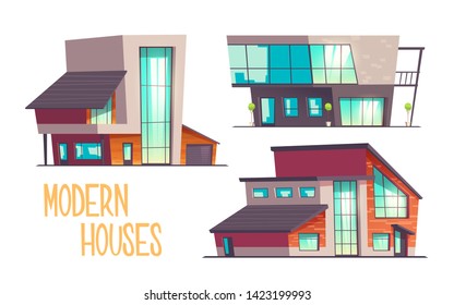 Modern houses cartoon vector set isolated on white background. Contemporary architecture cottage house, mansion, villa two-storey buildings with flat, sloping roof, glass facade, garage illustration