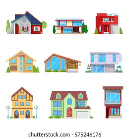 Modern Houses and Cottage Buildings Architectural Set. Vector illustration