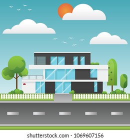 A modern houses and environment with tree, clouds, bird and along the roads, Modern building and architecture along the roads, Flat home vector illustration.