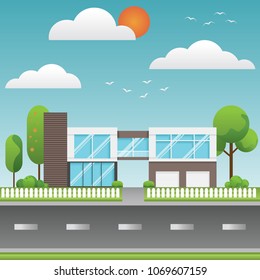 A modern houses and environment with tree, clouds, bird and along the roads, Modern building and architecture along the roads, Flat home vector illustration.