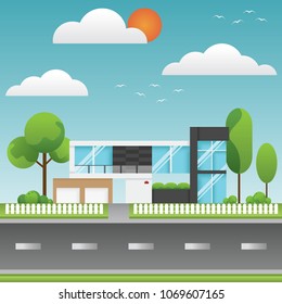 A modern houses and environment with tree, clouds, bird and along the roads, Modern building and architecture along the roads, Flat home vector illustration.