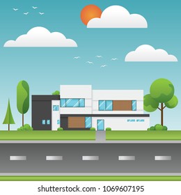 A modern houses and environment with tree, clouds, bird and along the roads, Modern building and architecture along the roads, Flat home vector illustration.