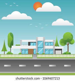 A modern houses and environment with tree, clouds, bird and along the roads, Modern building and architecture along the roads, Flat home vector illustration.