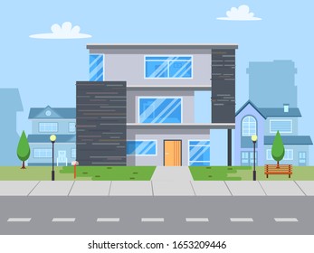 Modern houses. Family home. Office building. Private pavement, backyard with garage with blue tone city background