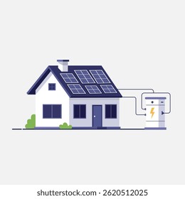Modern houses get energy-saving sources from solar energy, 2D flat art vector illustration