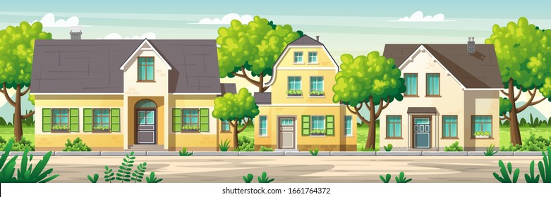 Modern houses with gModern houses with garden on a street in summer. Vector Illustrations with separate layers. Concept for banner, web background and templates. 