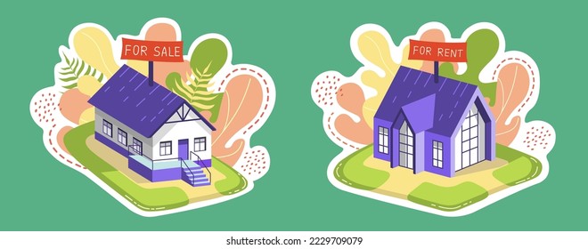 Modern houses for sale or rent. Banner for estate agent website. Isometric home. Modern houses for sale or rent. Stickers with real estate. Isometric home. Buying, selling a hut. Country house.
