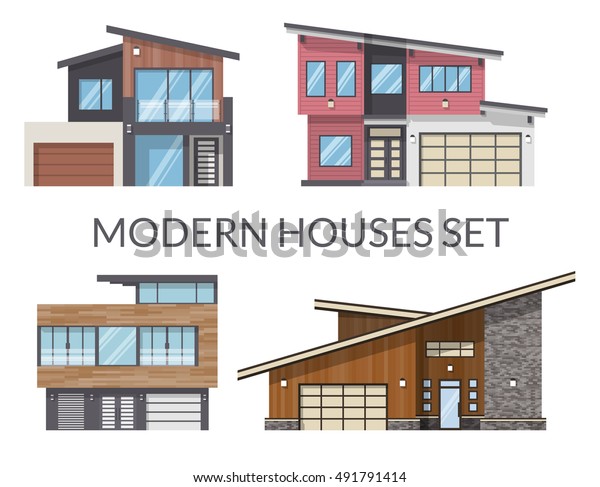 Moderne Hauser Immobilien Schilder In Flachem Stil Stock Vektorgrafik Lizenzfrei