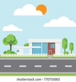 A modern houses with tree and clouds and along the roads, Modern building and architecture along the roads, Flat home vector illustration.