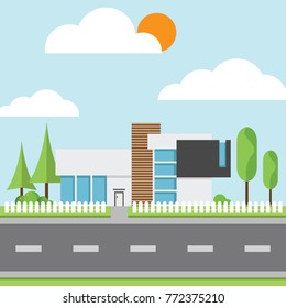 A modern houses with tree and clouds and along the roads, Modern building and architecture along the roads, Flat home vector illustration.