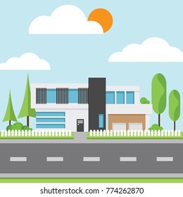 A modern houses with tree and clouds and along the roads, Modern building and architecture along the roads, Flat home vector illustration.