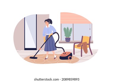 Modern housewife in rubber gloves cleaning carpet use vacuum cleaner. Female enjoying housekeeping living room hygiene with domestic appliance. Woman housekeeper daily chore flat vector