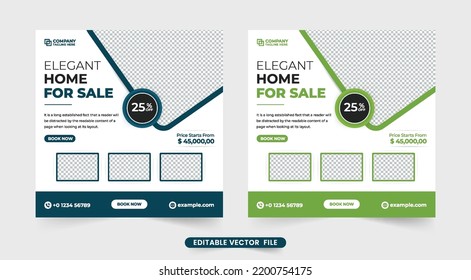 Modern housing social media post design with green and blue colors. Minimalist real estate business template vector for digital marketing. Home selling business commercial template for social media.