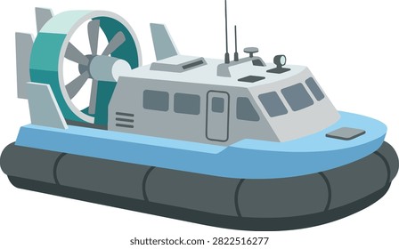 Modern hovercraft air cushion vehicle on neutral background. A flat design illustration of a grey and blue hovercraft. Features a large rear fan and multiple windows. Ideal for travel brochures and marine technology articles.