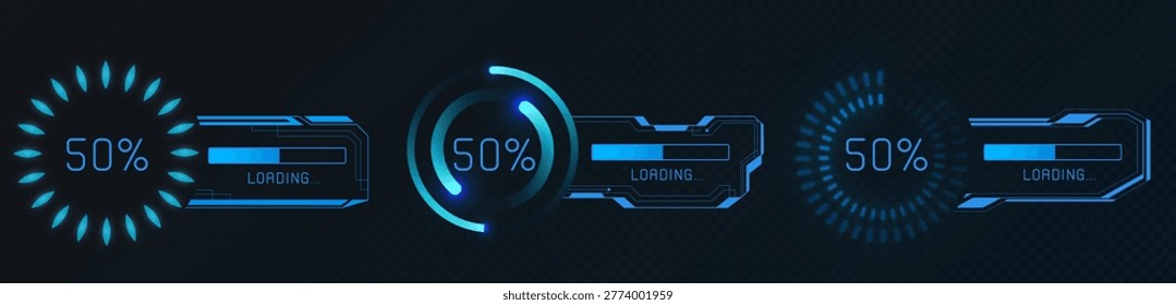Modern hud interface with circular frame, progress bars and loading indicators, abstract vector icons. Futuristic dashboard elements with digital percentage displays, tech graphics for game ui design.