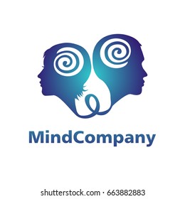 Modern human heads logo of Psychology a Man and woman. Logotype in vector. Design concept or Brand company. Blue color isolated on white background. Symbol for web, print, card, flyer. Hypnosis