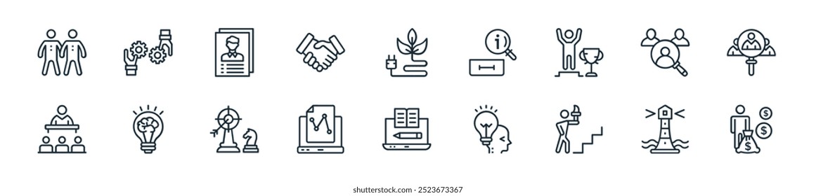 modern human resources icon pack. perfect for linear ui designs featuring vector investment, lighthouse, innovator, creative mind, online data, business report, strategic vision and more icons for