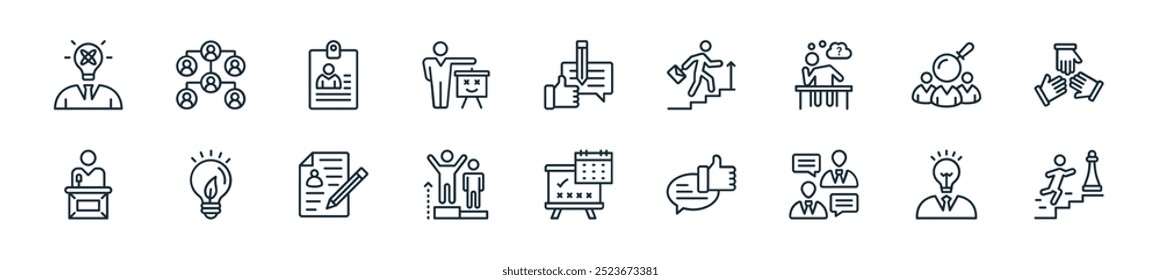 pacote de ícones de recursos humanos modernos. perfeito para projetos de iu linear com trajetória de carreira vetorial, mente criativa, diálogo, revisão positiva, cronogramas, promoção de carreira, currículo e cv e mais ícones para