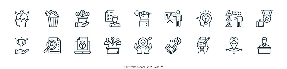 modern human resources icon pack. perfect for linear ui designs featuring vector ceo, my location, genius, corporate strategy, problem solving, team leader, business report and more icons for mobile