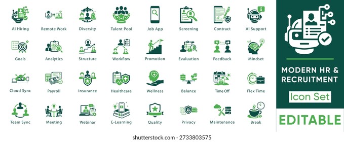 Modern human resources and recruitment icon set. Containing AI hiring, remote work, healthcare, payroll, wellness, flex time, goals, job app and privacy symbols. Solid vector icons collection.