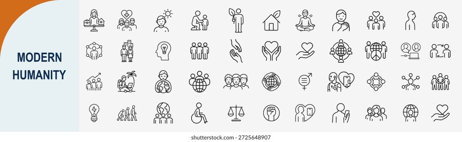 Conjunto de iconos de la línea de humanidad moderna para el Vector de la comunidad social y los derechos humanos