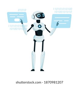 Modern Humanoid or Robotic Device with Iron Limbs Doing Mathematical Calculations on Hologram Vector Illustration