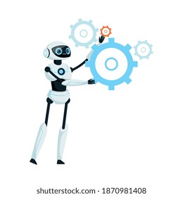 Dispositivo humanoide o robótico moderno con las extremidades de hierro que sujetan el vector de la rueda del engranaje Ilustración