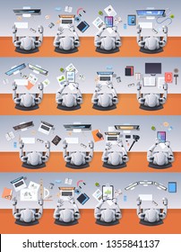 modern humanoid robots group sitting at desks in classroom school artificial intelligence concept robotic characters working process flat top angle view vertical