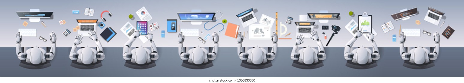 modern humanoid robots group sitting at desk in classroom school artificial intelligence concept robotic characters working process flat top angle view horizontal