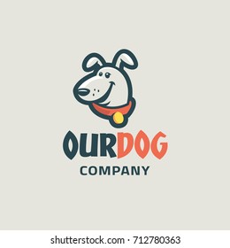 Modern humorous logo template with image of the smiling dog in red collar. Mascot