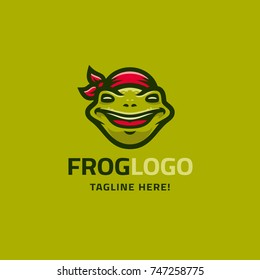 Modern humorous logo template with image of the smiling frog in red bandana. Mascot.