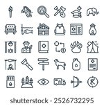 modern hunting icon pack. perfect for linear ui designs featuring vector reindeer, bow and arrow, truck, eye, forest and more icons.