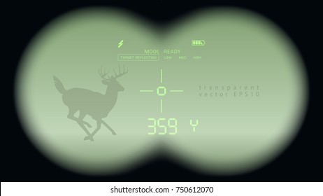 Modern hunting. Realistic view through binoculars. Vector silhouette of running deer in the green screen. Black blurred frame with transparent layer. Interface of laser rangefinder and LED crosshair