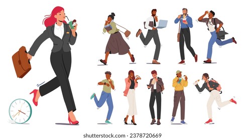 Modern Hustle of Life. People Eating On The Go, Characters Juggling Meals Amidst The Chaos, A Portrait Of Fast-paced Convenience And Multitasking In A Busy World. Cartoon Vector Illustration, Set