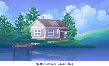 Modern hut in the forest. Camping near forest and lake horizontal illustration.
