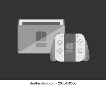 Modern hybrid tablet console illustration. Flat minimal Isolated icon on black background. Pocket handheld game console with controller. Vector portable device hybrid gadget. 
