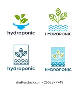 Modern Hydroponic Logo Set with Leaf and Wave Elements