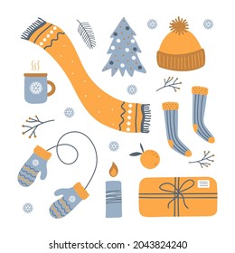 Modern hygge set with warm  winter elements isolated on white background. Christmas tree, plants,  cup, gift, candle, knitted hat, scarf, socks, mittens. Vector cartoon illustration