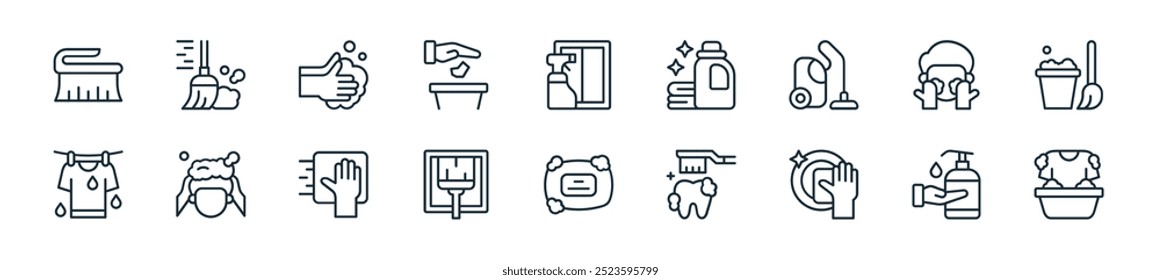 modern hygiene icon pack. perfect for linear ui designs featuring vector washing clothes, hand soap, washing dishes, brush teeth, soap, clean window, dusting and more icons for mobile and web apps.