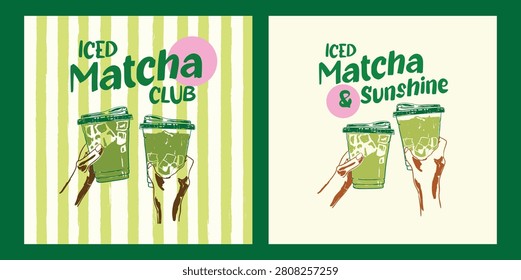Modern iced matcha poster set featuring trendy striped backgrounds and cafe-inspired green tea drinks. Stylish wall art for coffee shops, kitchens, cafes, beverage branding, and contemporary interiors.