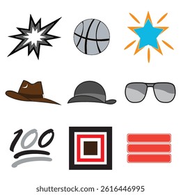 modern icon cap, woman cap, flash icon, basketball icon, star, sunglass icon and other