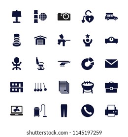 Modern icon. collection of 25 modern filled icons such as barber chair, pants, printer, mail, office chair, cradle, barbecue. editable modern icons for web and mobile.