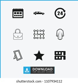 Modern icon. collection of 9 modern filled and outline icons such as calendar, house building, 24 hours, star, jacket, photo. editable modern icons for web and mobile.