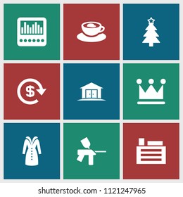 Modern icon. collection of 9 modern filled icons such as christmas tree, cup with heart, building, dollar, home, crown, overcoat. editable modern icons for web and mobile.
