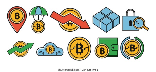 Una colección de íconos moderna con conceptos de criptomonedas y blockchain, incluidos los símbolos de Bitcoin, billeteras, tendencias y seguridad, diseñada en un estilo limpio y plano.
